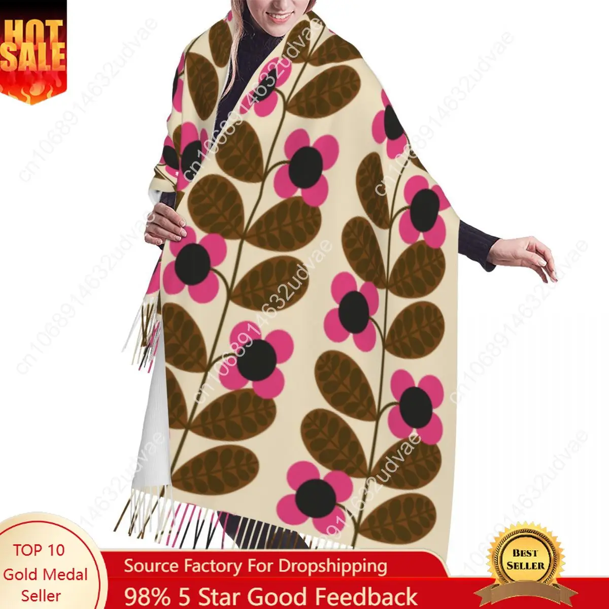 

Custom Fashion Botanica Bloom Stem Print Fuchsia Flower Tassel Scarf Women Winter Warm Shawls Wraps Lady Orla Kiely Scarves
