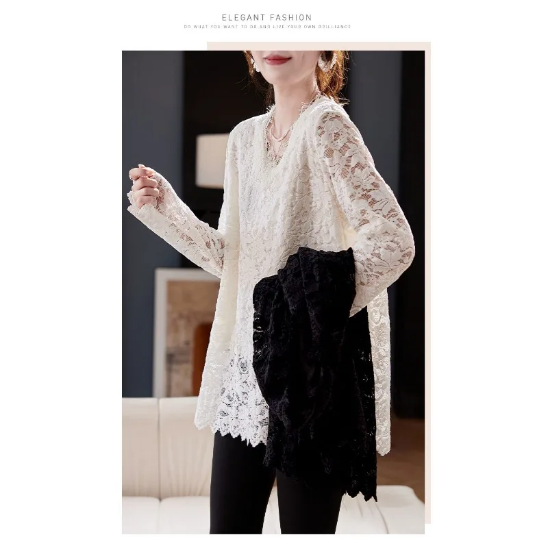 Autumn Winter New Style V-neck Fashion Temperament Versatile Lace Shirt Women's Style Foreign Style Hollow Versatile Trend