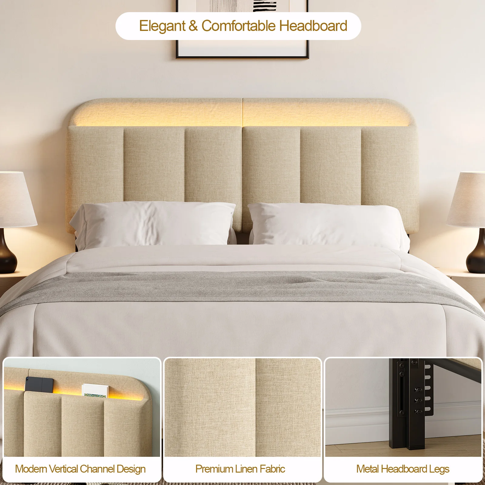 Adjustable Headboard for Full King Size Bed Frame,Linen Fabric Bed Headboard Storage & RGB LED Light in Vertical Channel Design image 5