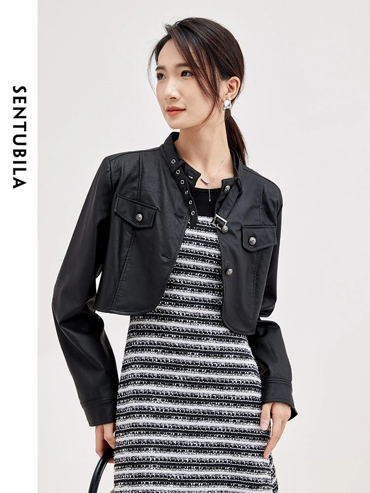 

Женская укороченная куртка-бомбер SENTUBILA из искусственной кожи, прямого кроя, с воротником-стойкой и регулируемым поясом, новинка весны 2026, модель W33G51705