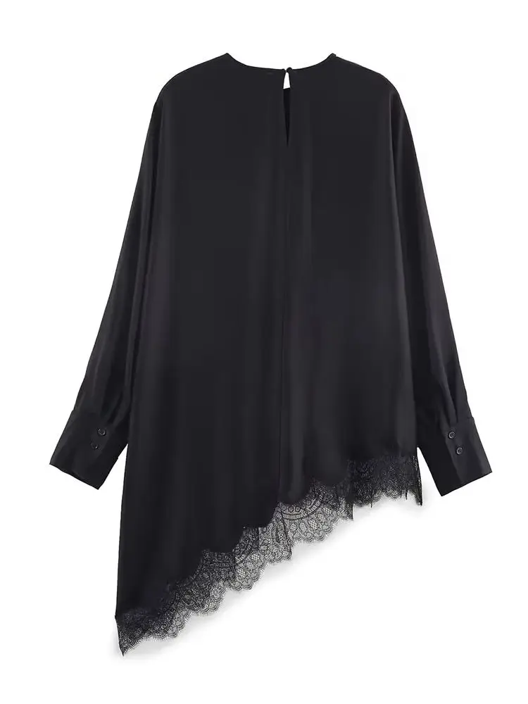 HH المرأة الموضة تنوعا طاقم الرقبة غير المتكافئة هيم الدانتيل البلوز قميص الإناث بسيطة أنيقة ضئيلة طويلة الأكمام الساتان الأعلى Mujer