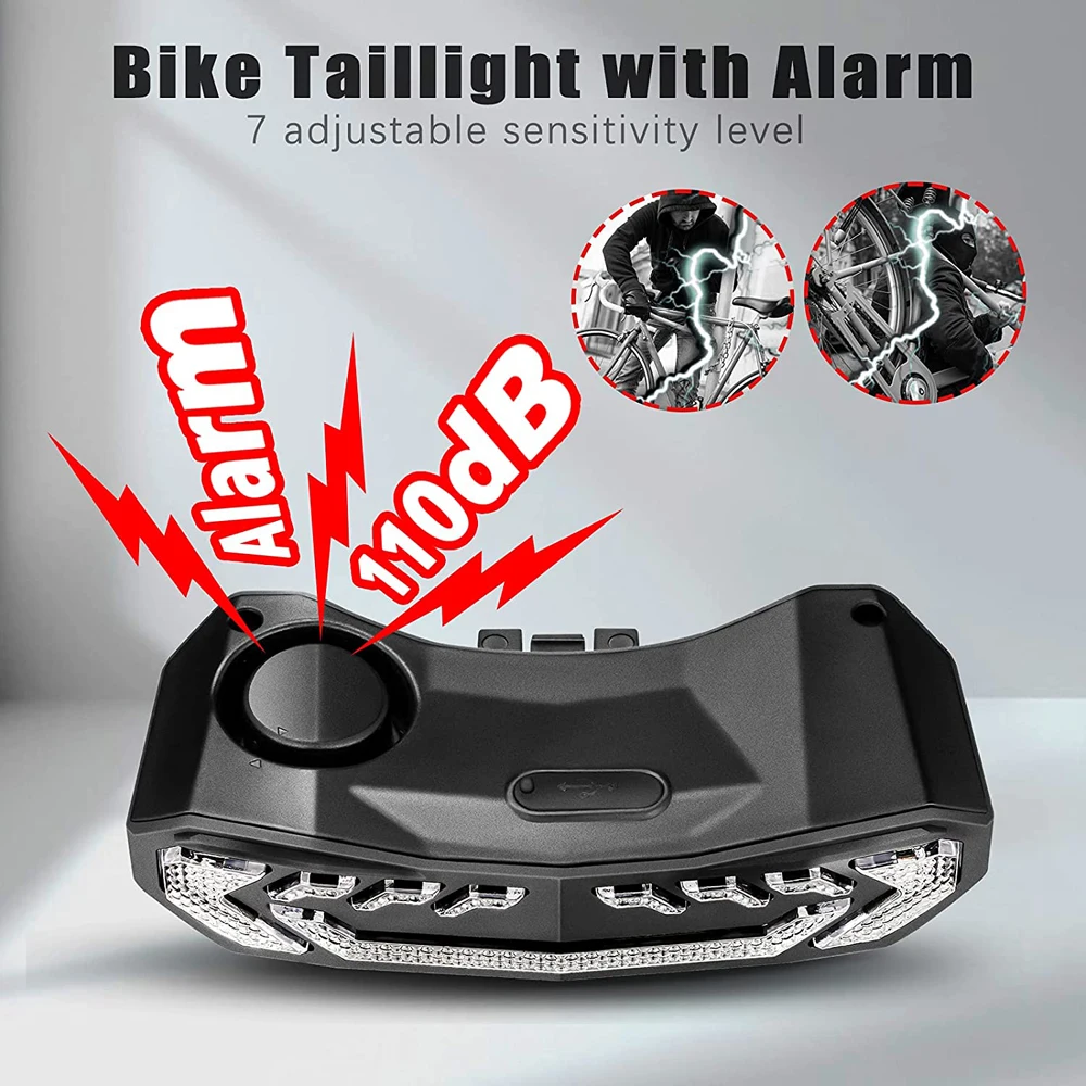 Sectyme Bicycle Burglar Alarm Taillight IP65 Waterproof USB Charge Turn Signal Warning Auto Brake Light Scooter Bike Rear Lamp