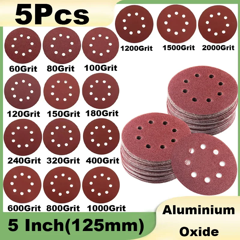 5Pcs 5 Inch 8 Hole Sanding Discs for Random Orbital Sander 40-2000 Grits Abrasive Sheets 125mm Hook and Loop Adhesive Sandpaper