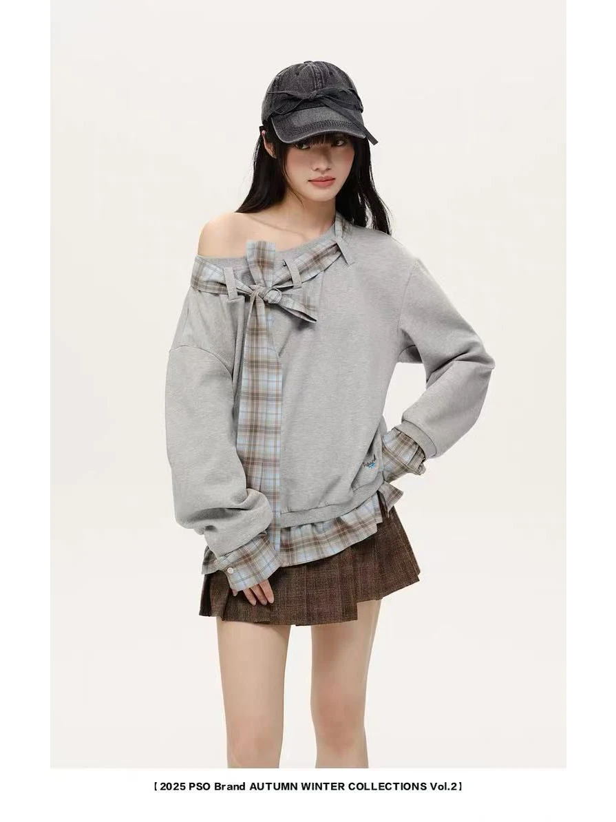 เสื้อสเวตเตอร์ทรงหลวมสไตล์เรโทร ลายสก็อต ดีไซน์ผูกปม ขนาดใหญ่พิเศษ 300 ปอนด์ แฟชั่นเกาหลี สำหรับฤดูใบไม้ร่วง