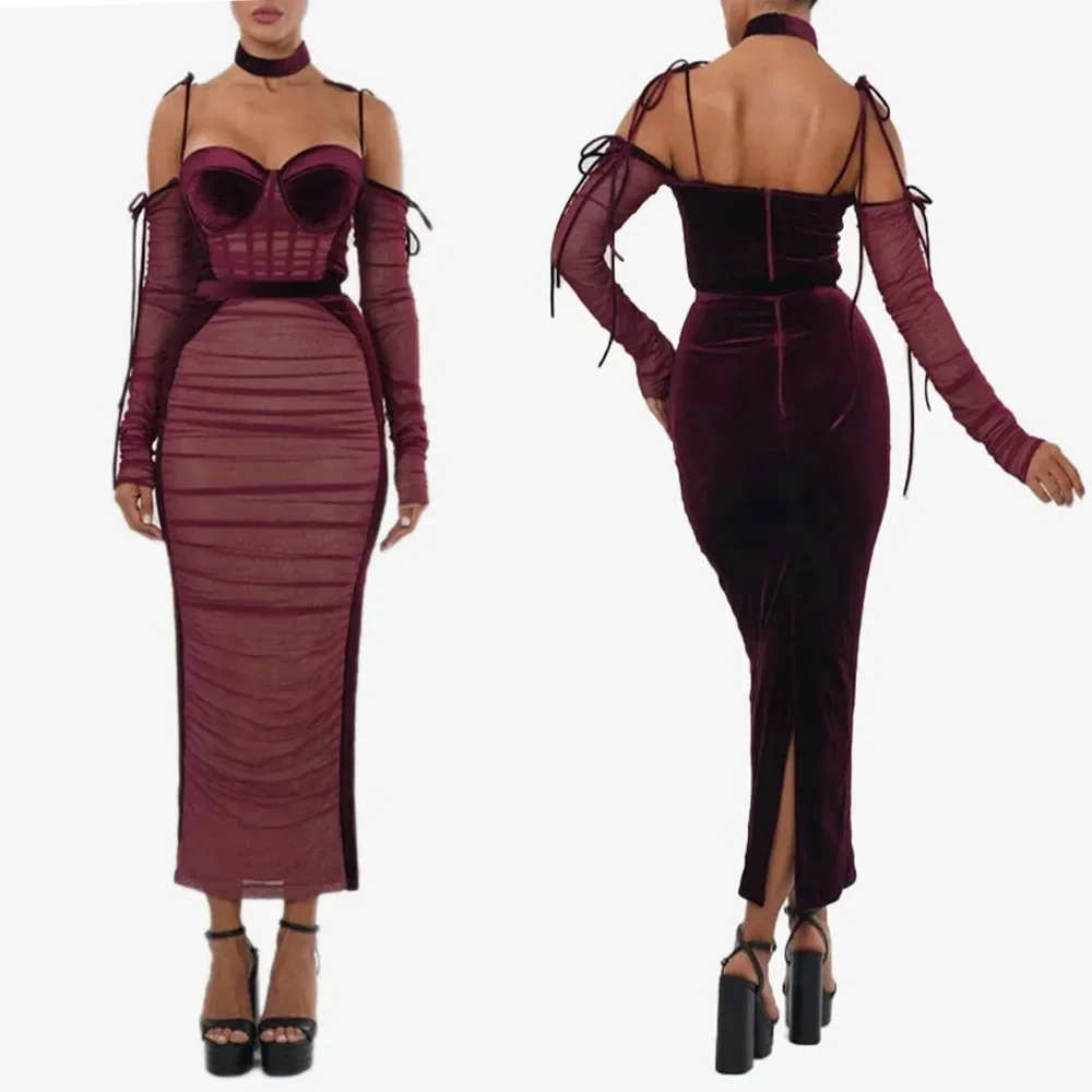 

Customized Corset Prom Dress with Sleeves Illusion Tea Length Thin Suspenders Wrinkle Gece Elbisesi Düğün Women with Slit