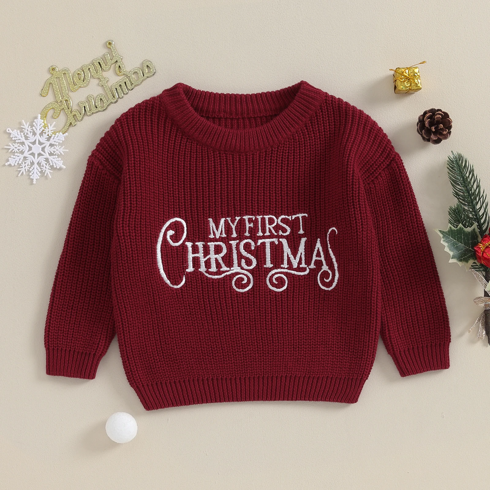 0-24Months Baby Girls Boys Christmas Knit Sweater Fall Clothes Long Sleeve Letter Embroidery Pullover Knitwear Xmas Warm Clothes