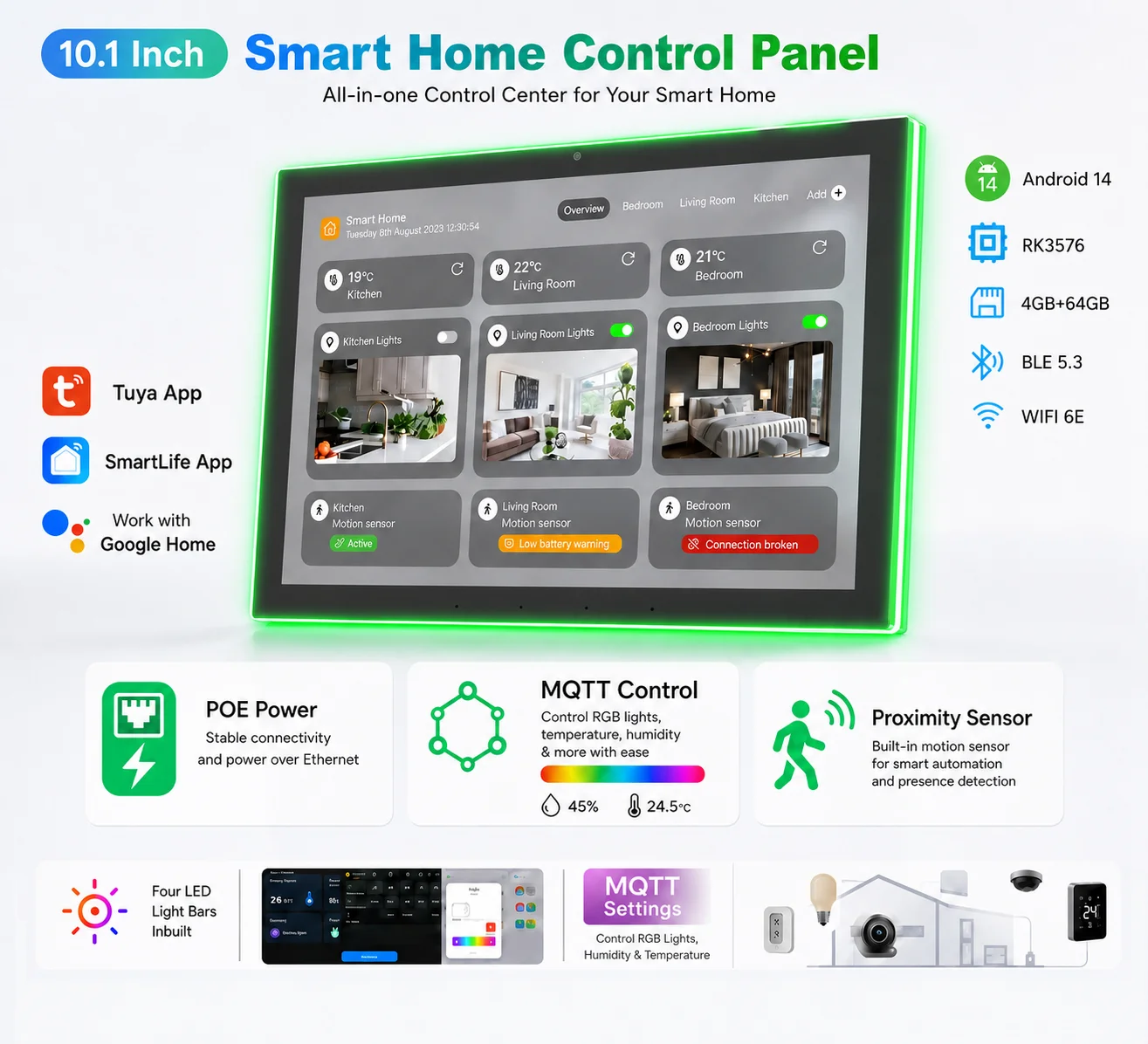 10 Andorid 14 Smart Home Tablet with proximity sensor 8-core CPU 4G 64G Tuya Smart Control Panel RGB Light Bars Inwall Install