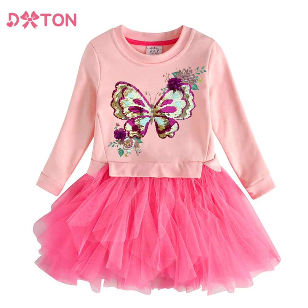 

DXTON Girls Dress Autumn Knitted Princess Dresses for Girl Sequined Butterfly Children's Dress Irregular Mesh Kids Party Clothes