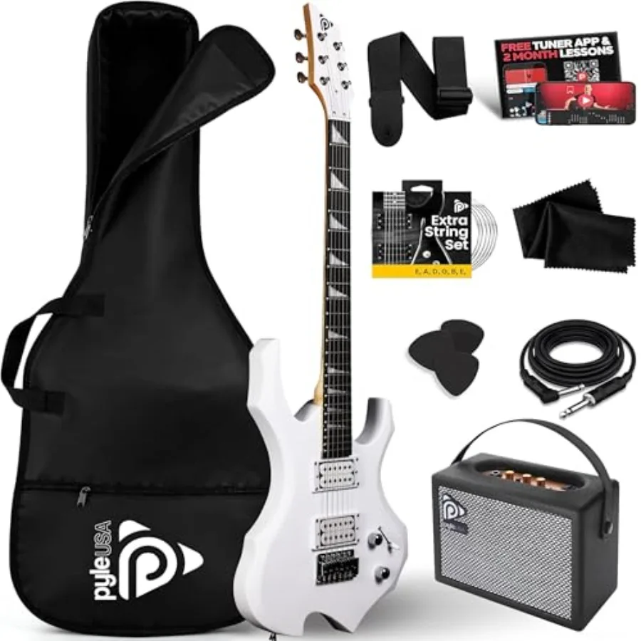 

Heavy Metal EG Fire Electric Guitar Axe w/ Amplifier Kit Full Size Instrument w/ Practice Amp Accessories Metal Axe White