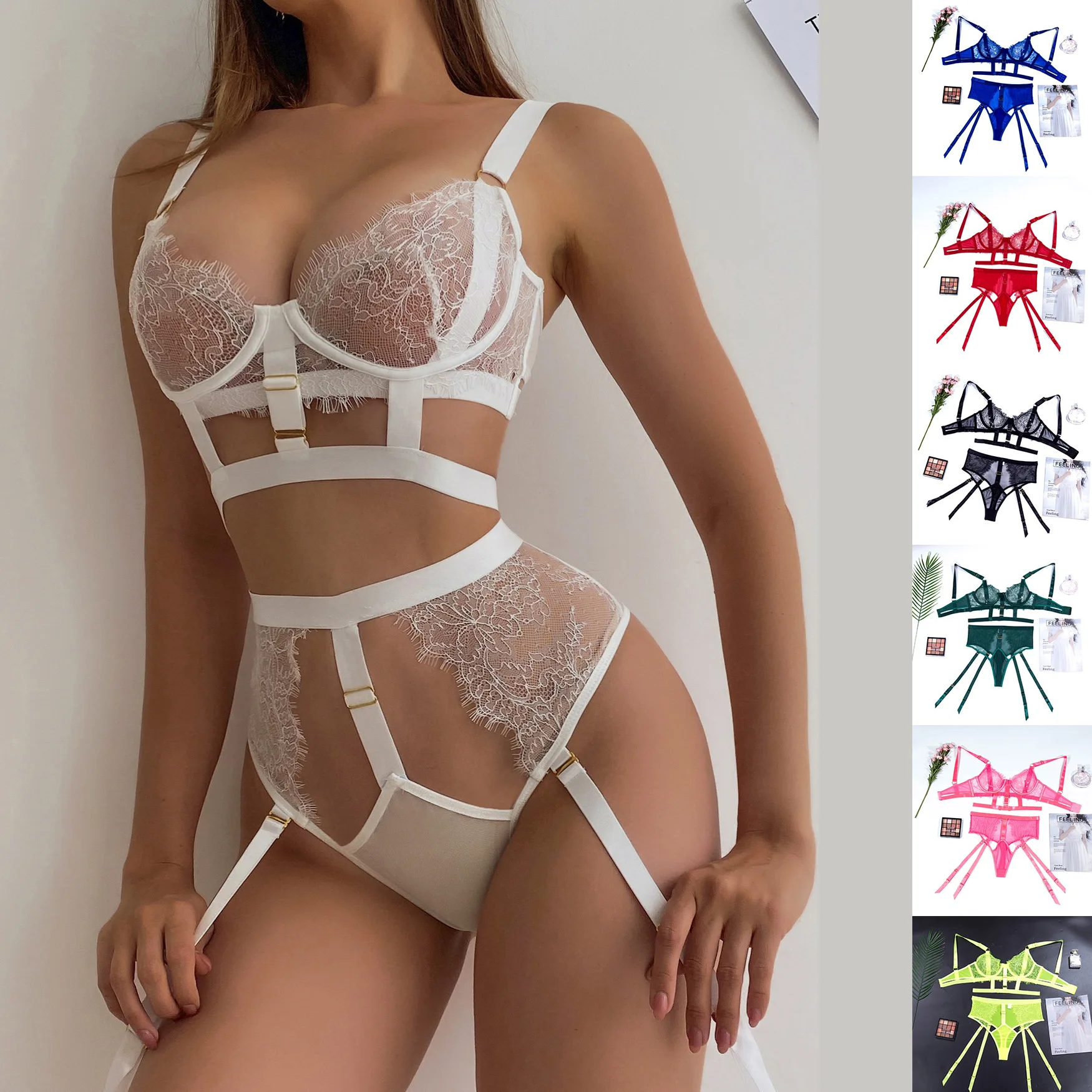 Sexy Lingerie Eyelashes Lace Sling Body Shaping Split Suit Ladies Bra with Panty Women Bralette Underwear