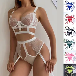 Sexy Lingerie Eyelashes Lace Sling Body Shaping Split Suit Ladies Bra with Panty Women Bralette Underwear