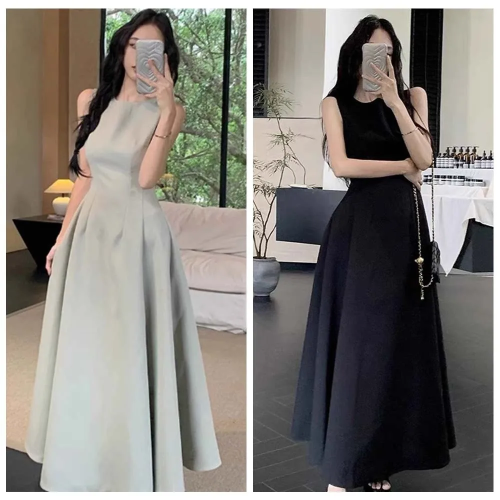 

U Neck Sleeveless Long Dress Temperament Sleeveless Vest Solid Color Long Skirt Elegant Long Women Korean Dress Wedding