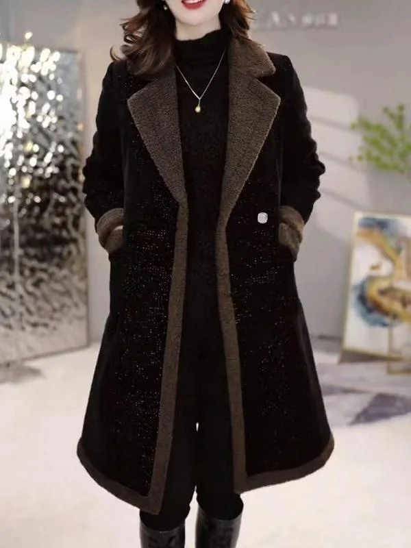 plus Size Women's Fce Lined Jaet Mid-Length Loose Thiened Autumn Winter Coat Korean Sle Long Sve  Collar Butt...