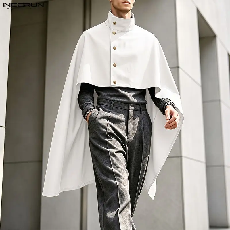 INCERUN Men's Trench Cloak Solid Stand Collar Loose Casual Irregular Cape Coats For Man Ponchos Streetwear Autumn Fashion Coats
