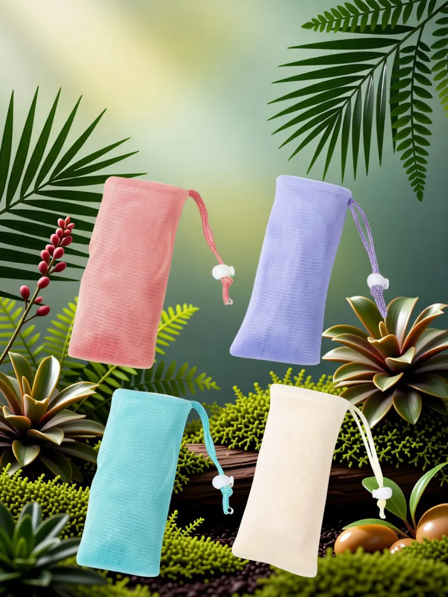 4Pcs Soap Foaming Net Bag Exfoliating Mesh Pouch with Drawstring Hanging Loop for Travel Shower Handmade Facial Fruit