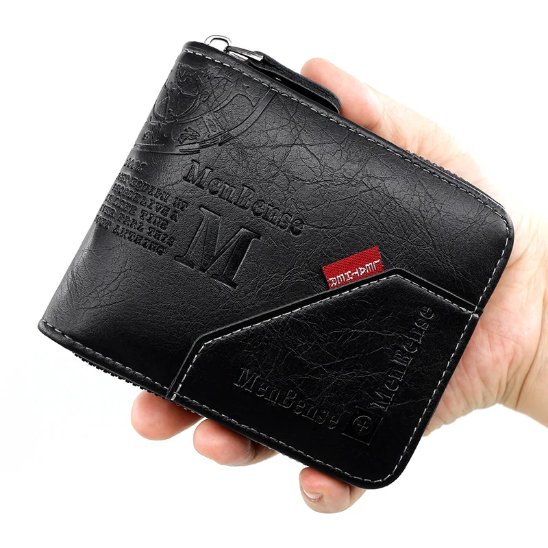 Fashion European Style Short Men's Zipper Wallet Large Capacity Purse With Coin Pocket Credit Card Pu Leather Money Bag