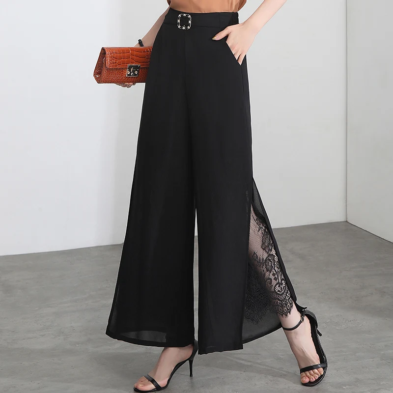 

Брюки-кюлоты из шифона с высокой талией, драпировкой и кружевными вставками, повседневные, весна-лето, тонкие, широкие штанины, свободного кроя