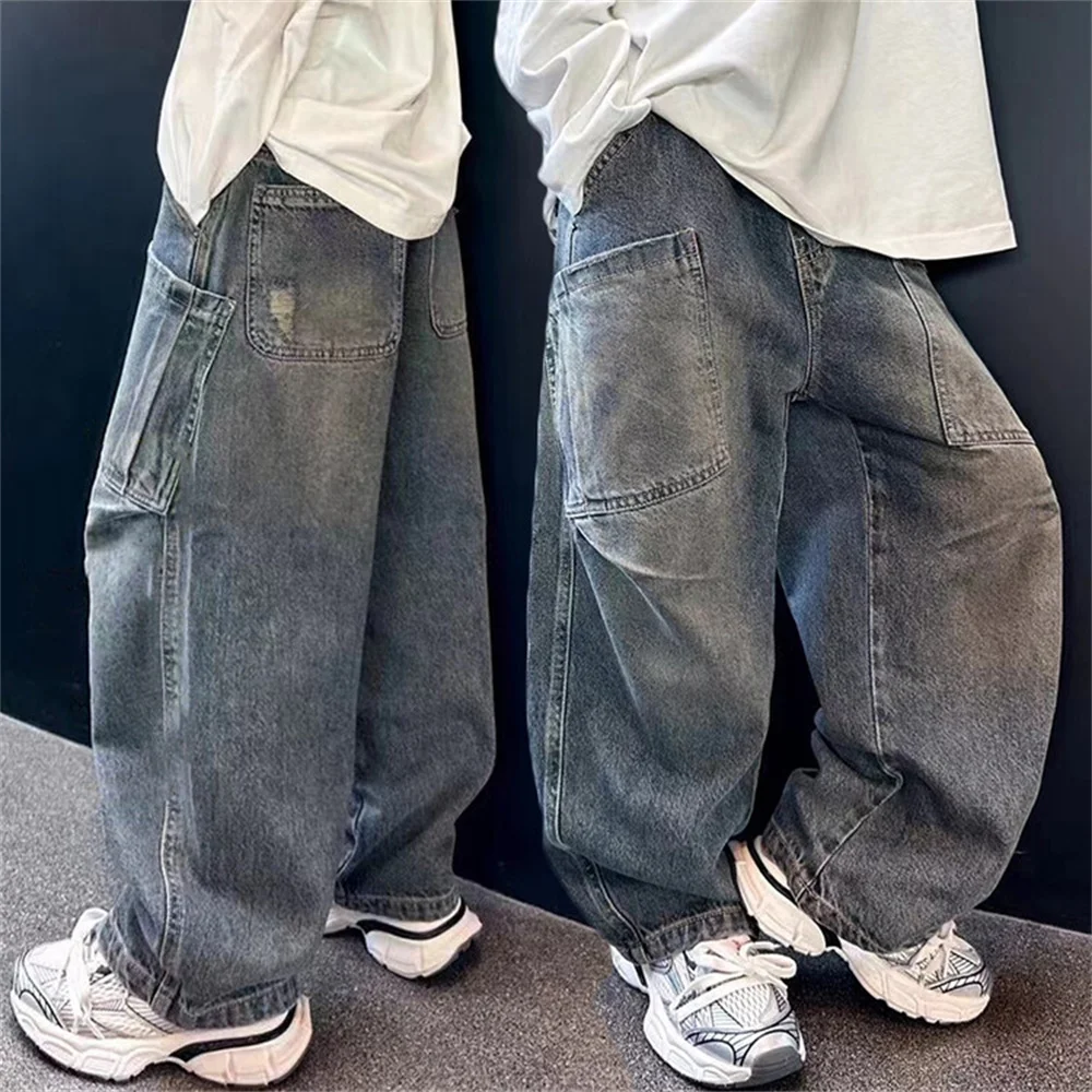 9720 Korean Version Of Boys Street Dance Jeans Wide Leg Pants Children\'s Side Pockets Kid Jeans Denim Cargo Pants