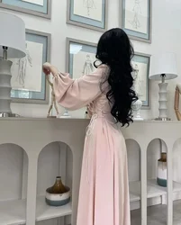 TaoYao Baby Pink Satin Evening Dresses Women Elegant A-Line Long Sleeves Simple Party Daily Dress 2023 Robes De Soirée