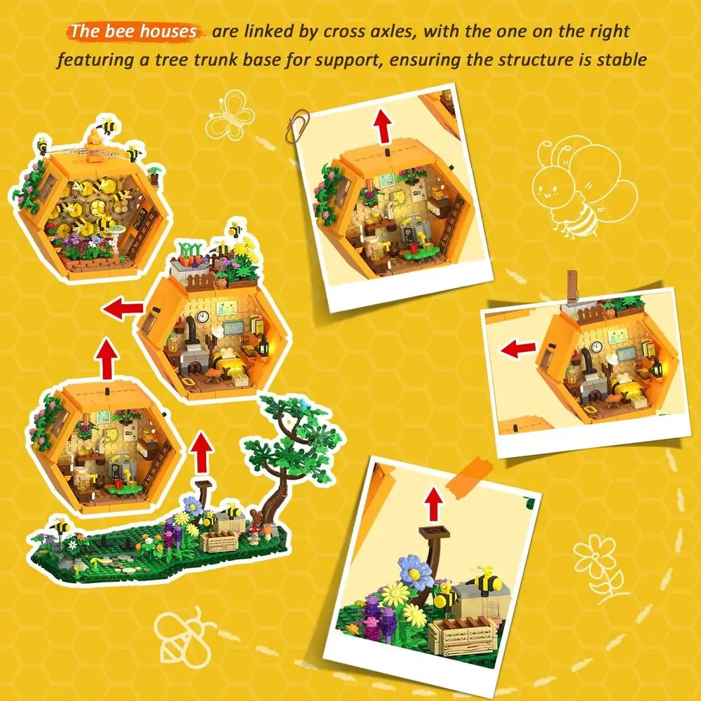 ライト付き蜂の巣ビルディングキット、1704ピースのハニーキャビンブロックセット、花、動物、ツリーハウス付き、大人と12歳以上の子供向け