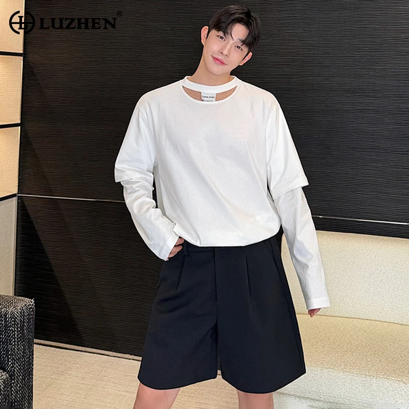 

LUZHEN Original Hollow Splicing Design Plain Long Sleeved T Shirt Personalized Stylish Street Men's Tops Free Shipping LZ4212