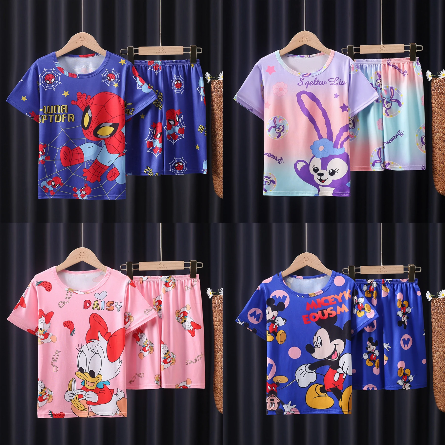 Boys Girls Short Sleeve Pajamas Summer New Casual 2pcs Child Cartoon Cute Round Neck Tops+Shorts Babies Trendy Home Clothes