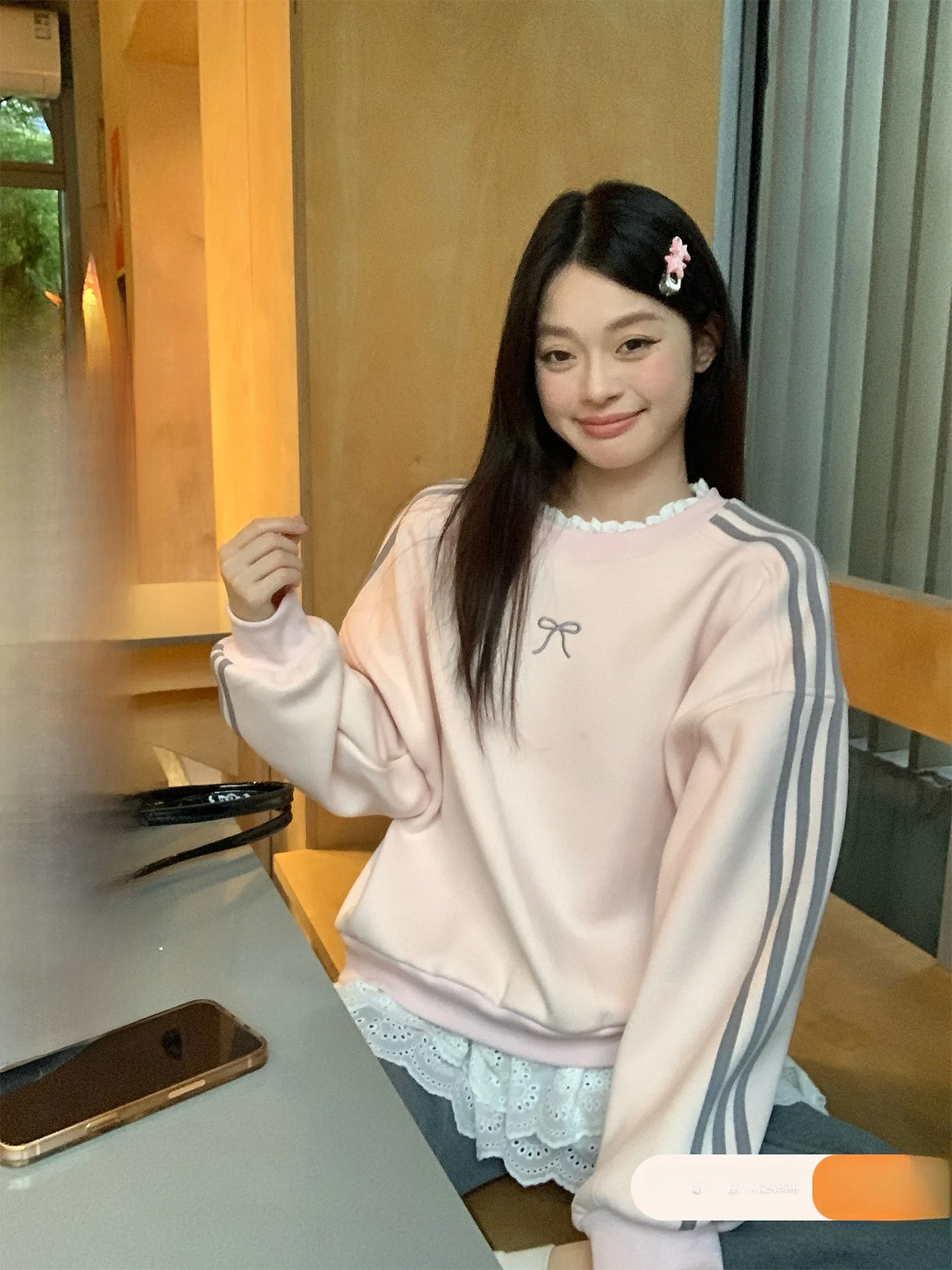 

Pink Fleece Lined Stripe Sweatshirt Women's Loose Long Sleeve round Neck Pullover Korean Style Winter Design Sense Top