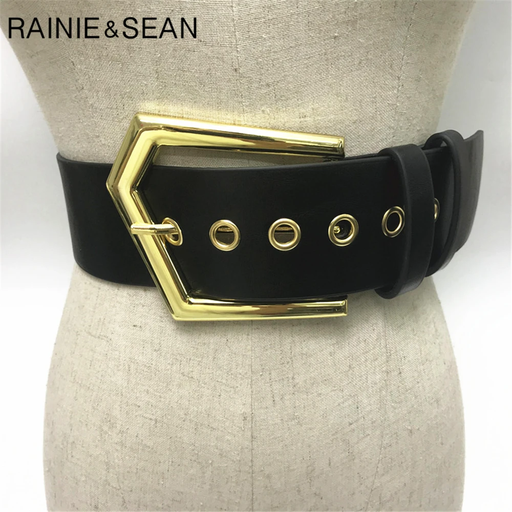 Rainie Sean Vintage Wanita Sabuk Lebar Merah Pinggang Sabuk Wanita Pin Gesper Kulit Imitasi Wanita Celana Belt Aksesoris Pakaian