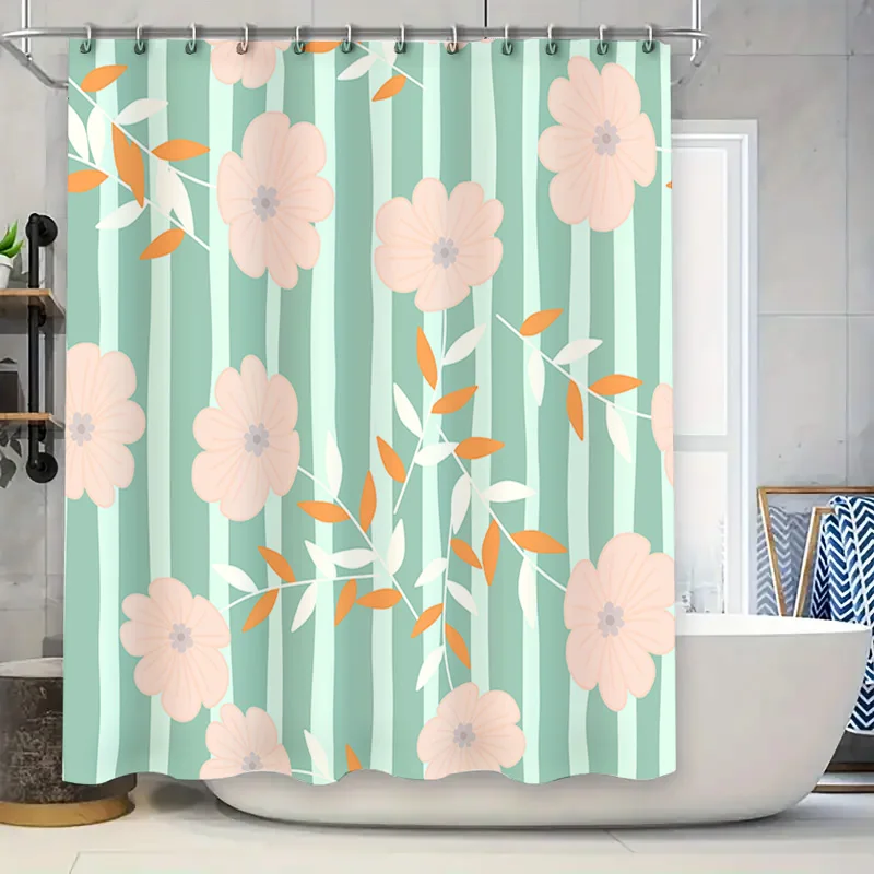 

Занавеска для душа в зеленую полоску с розово-белым цветочным узором, декоративный водостойкий тканевый коврик для ванной комнаты