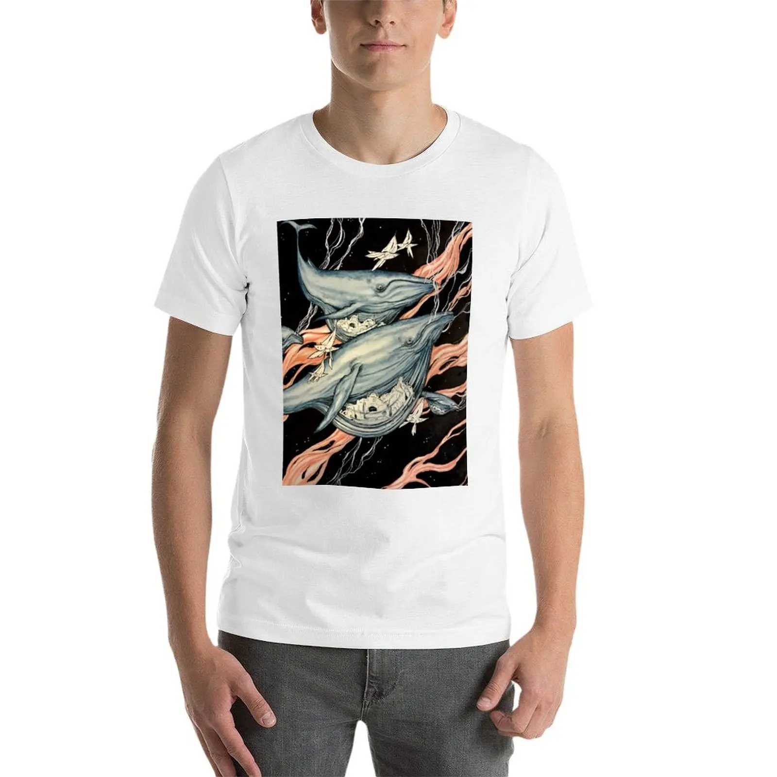 تي شيرت حيتان الفضاء تي شيرت مضحك تي شيرت رجل رجل تي شيرت قطن