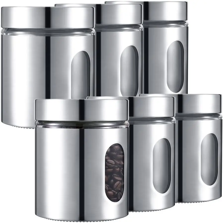 

6 Pack Kitchen Canisters Set Airtight Coffee Sugar Tea Candy Storage Jars with Window Glass Stainless Steel Containers with Lids
