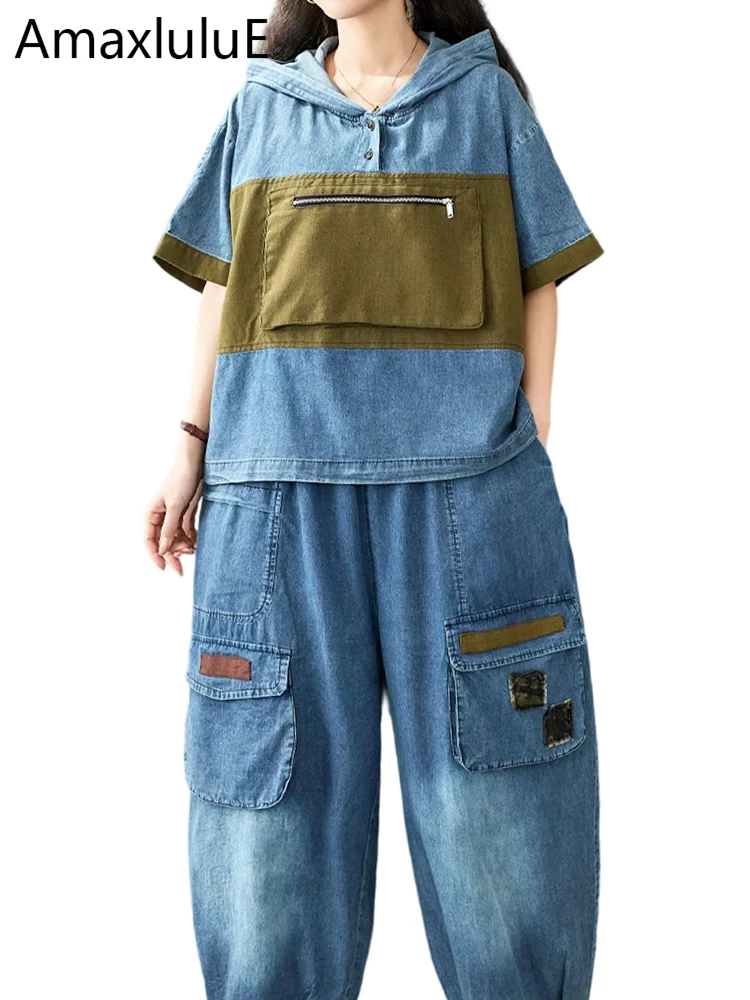 

Amax LuluE 2026 Outfits Women Fitness Suits Fashion Denim Two Pieces Sets Loose Tops Hooded T-shirts Casual Pants Classic Jeans