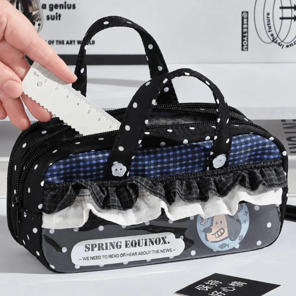 Durable Ruffle Lace Trim Pencil Case Polka Dot Print Handheld Pen Bag with Clear Window Multi-Layer Stationery Bag Students