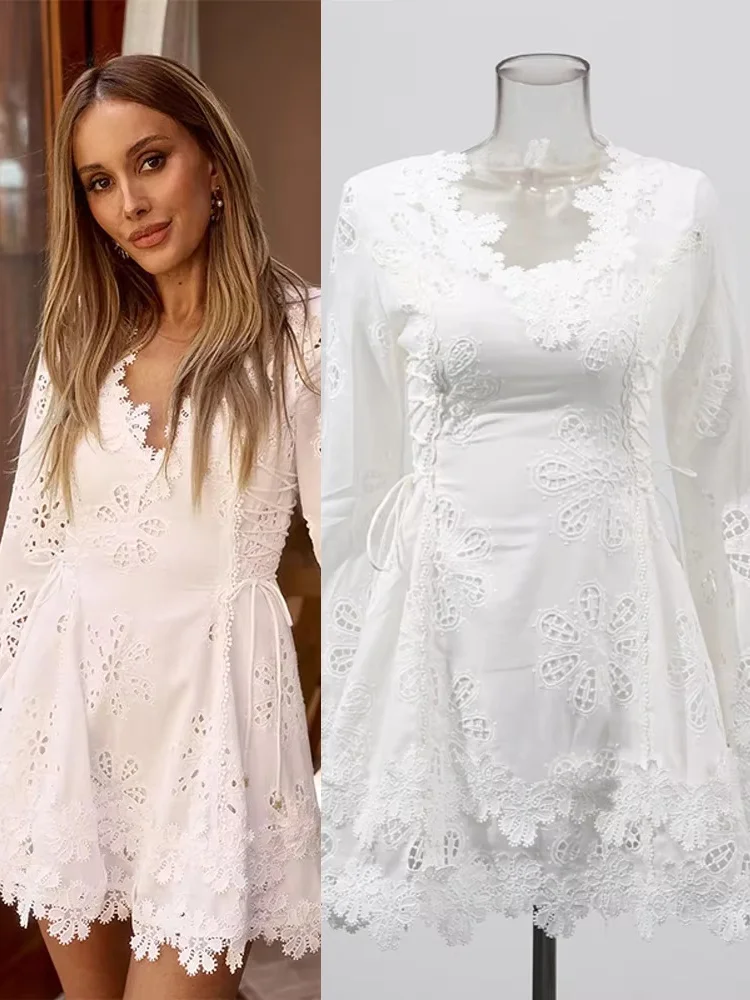 

Flower Embroidery White Elegant Dress V-neck Long Sleeve Slim Fit Lace Up Ruffle Hollow Out Mini Gowns 2025 New Daily Streetwear