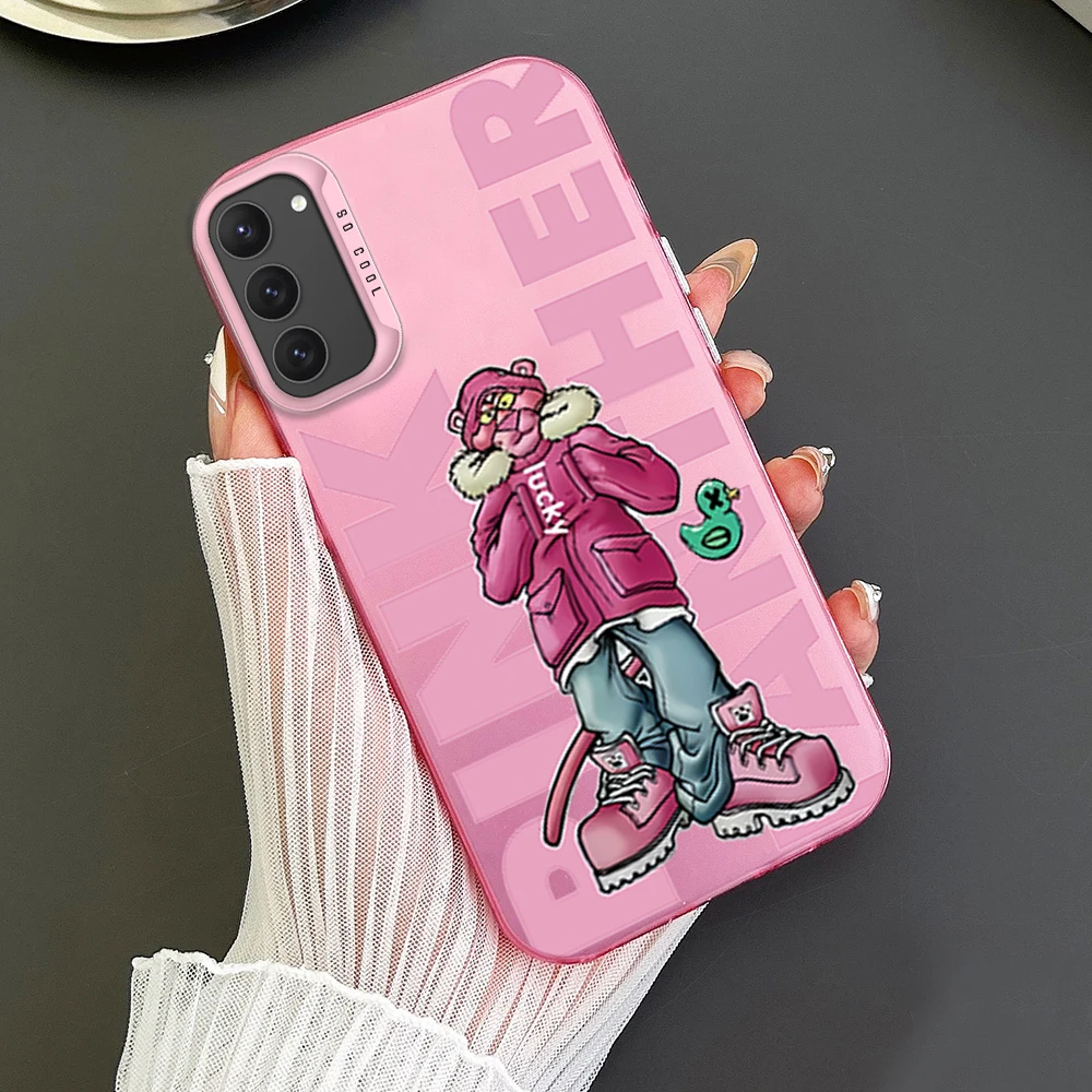 Pink COOL-P-Panther Phone Case For Samsung S23 S24 S22 A71 A55 ULTRA PLUS FE Electroplated Silver IMD Laser Color Shell