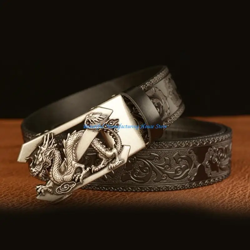 

E56A Fashionable Men's Belt with Automatic Buckle Ethnic Carved Pattern Belt Perfect for Jeans and Pants Everyday Clothing