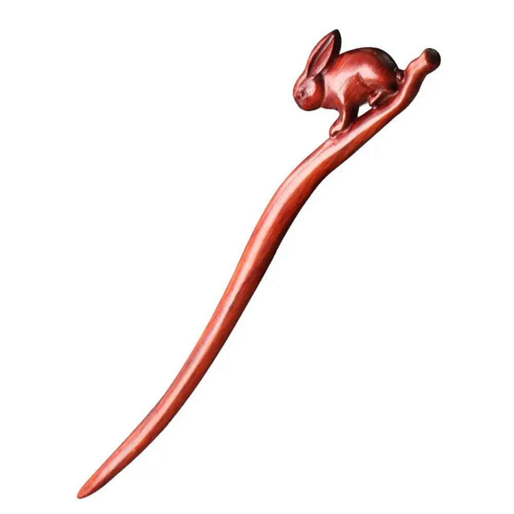 Braided Hairpins Sandalwood Animals U-Shape Chinese Hair Fork Women Hanfu Hairpins Wooden Rabbit Hair Sticks