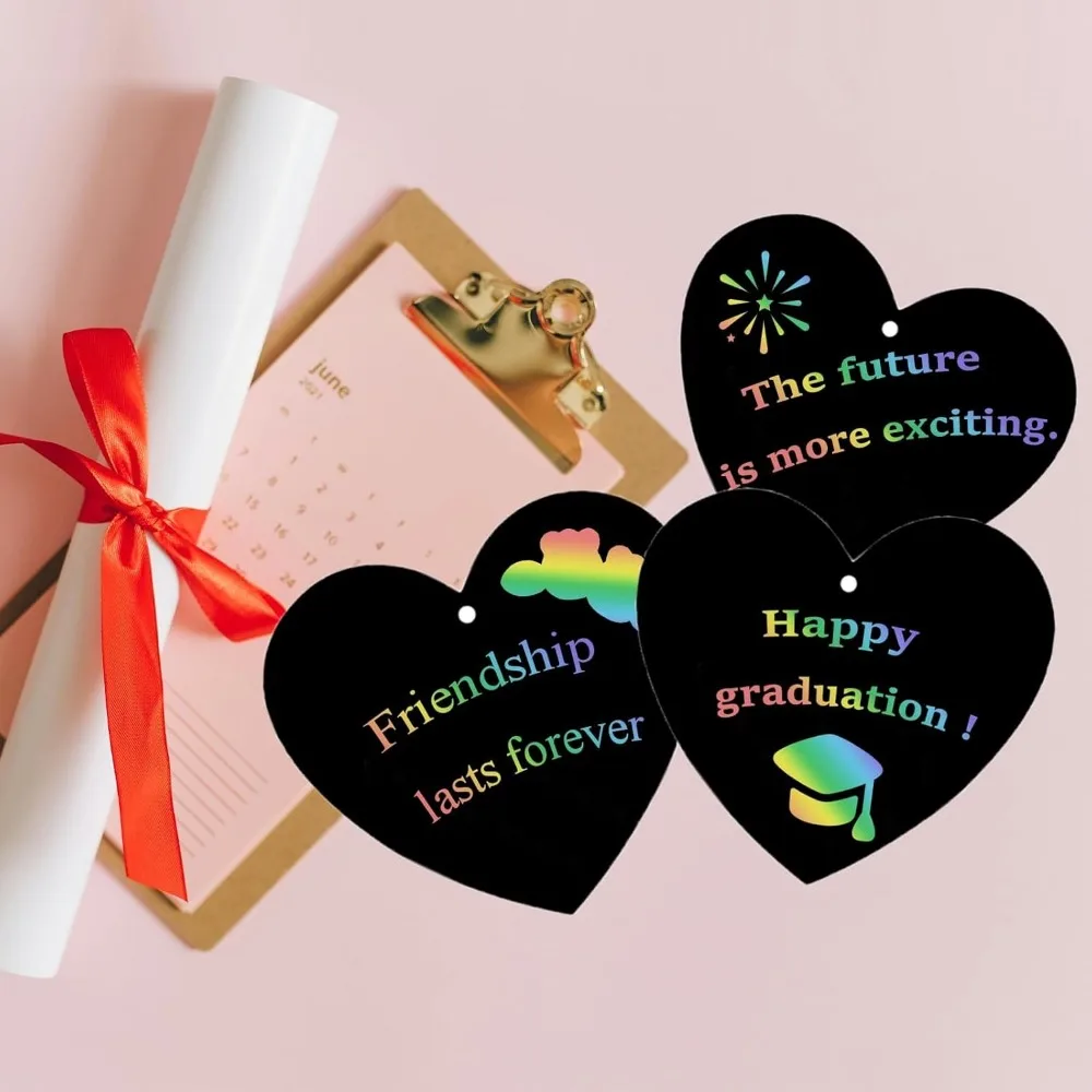 50 rainbow scratch paper, 10 wooden scratch paper sticks and 50 red heart-shaped scratch paper cards