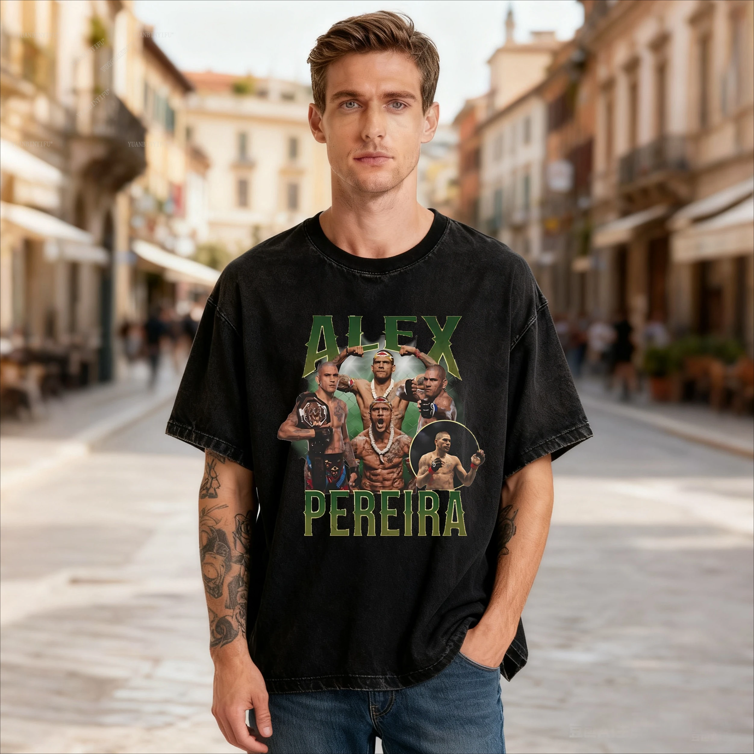 

2025 Alex Poatan Pereira washed T-Shirt Fighting Champion Vintage Round Neck Cotton Streetwear Tees Short Sleeve