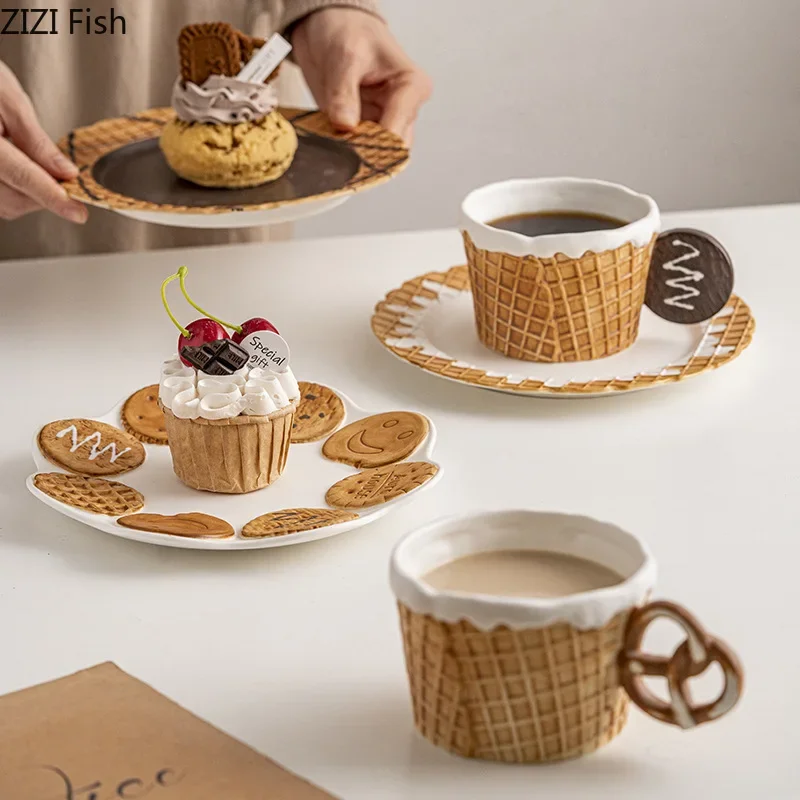 

New Creative Cookie Water Cup Cute Ceramic Mug Office Afternoon Tea Coffee Cup Home Breakfast Milk Cup Dessert Plate Drink Set