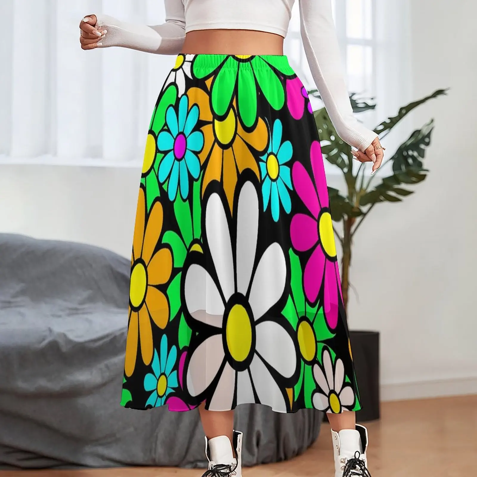 Retro Flower Power Rok Happy Madeliefjes Retro Lange Rokken Lente Street Wear Hoge Taille Chiffon Grafische Grote A-Lijn Rok