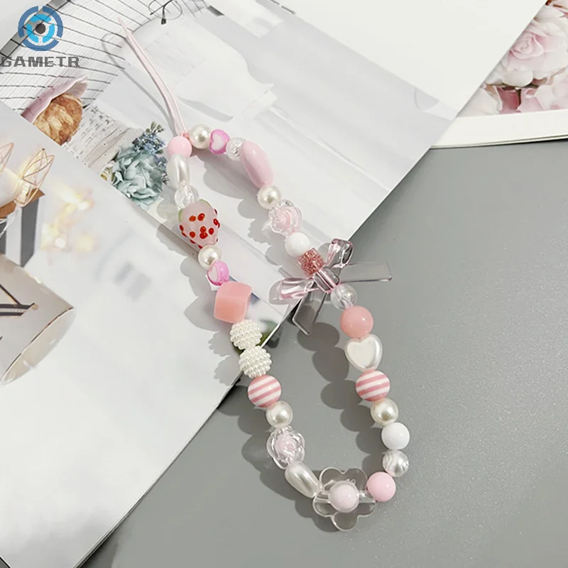 Sweet Strawberry Flower Bead Phone Strap Charm Chain Knot Cellphone Lanyard Keychain Woman Girl Bag Camera Phone Case Pendant