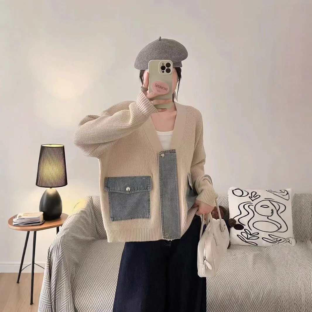 

Осень/зима 2022, новая женская одежда, джинсовый вязаный кардиган, женский свободный свитер в ленивом стиле в западном стиле, пальто