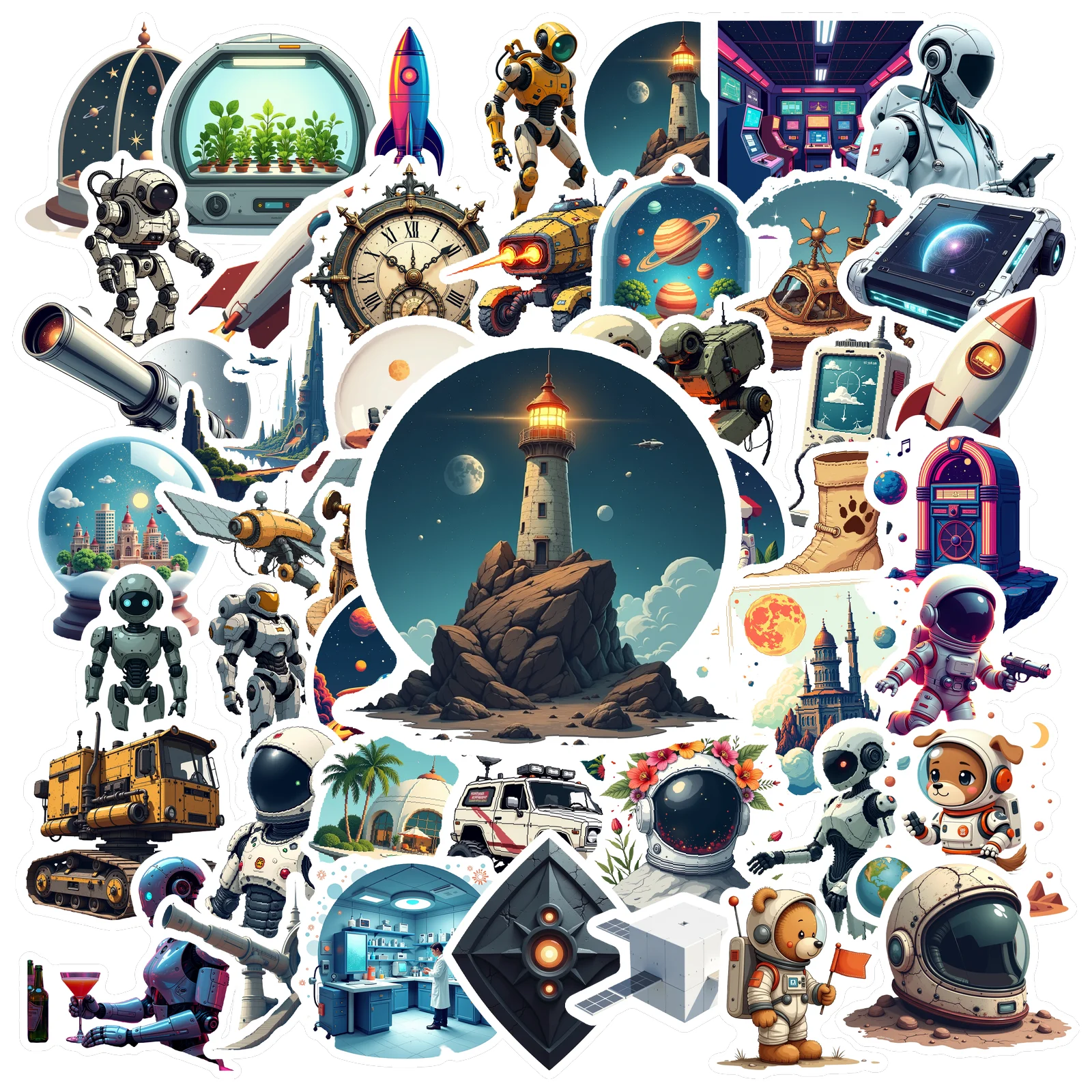 Multicolor Astronaut, Robot & Space Stickers - Waterproof Vinyl Decals for Laptops, Notebooks & More! Sci-fi & Cartoon Designs.