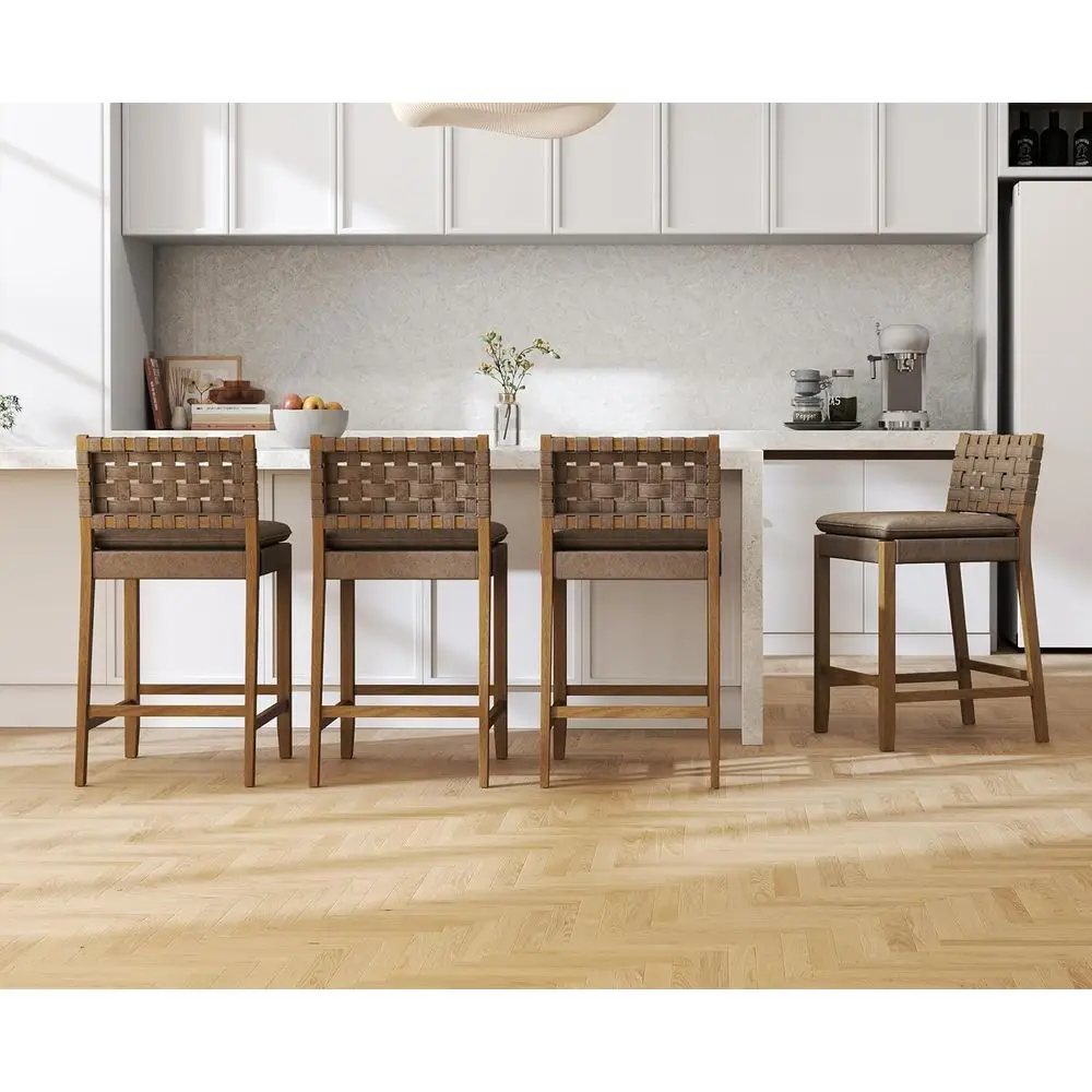 

Woven Leather Back 4-Piece Rattan Bar Stools, 26 Wooden Counter Height, Brown Upholstered Chairs for Breakfast or Kitchen Island