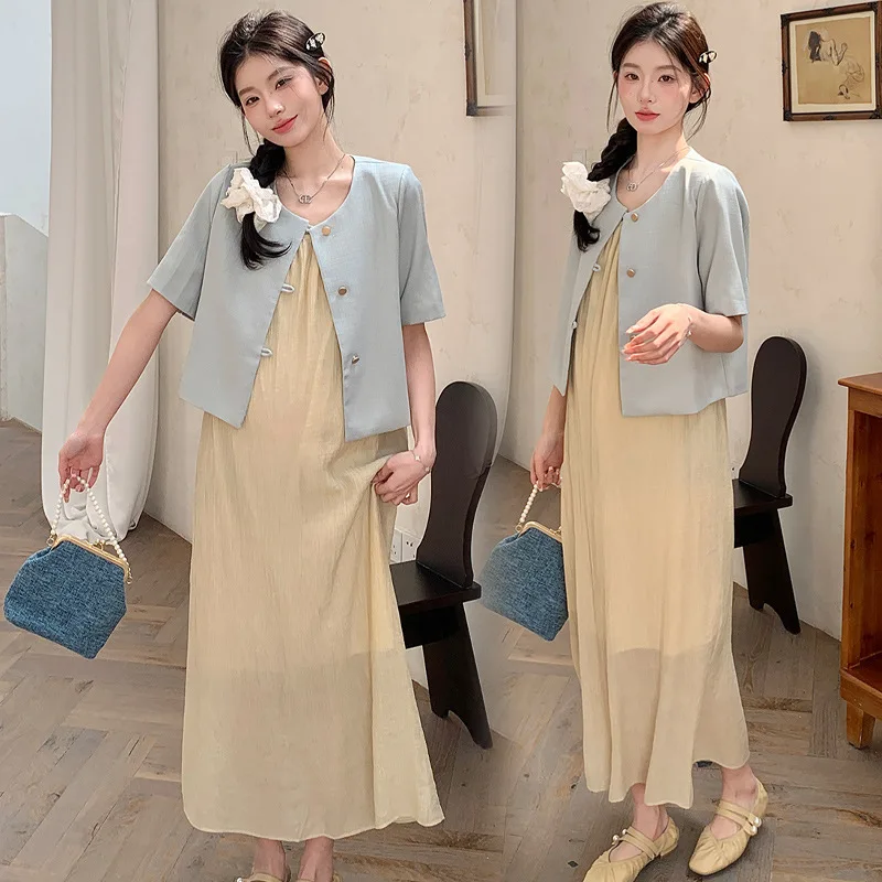 Summer Office Lady Elegant Clothes Set Short Sleeve Formal Blazer+Nursing Sundress Maternity Twinset Pregnant Woman Dress Suits