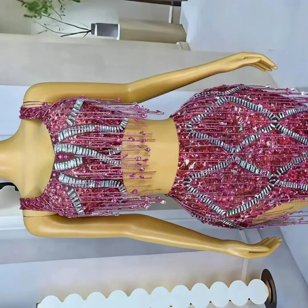 

Rhinestones Chain Crop Tops Skirt Set For Women Evening Party Birthday Celebrity Dress Singer Dancer Show Stage Wear