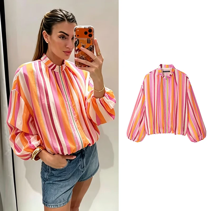 Autumn 2026 New Women's Jackets Fashion Striped Thin Young Elegant Women's Coats Chic Autumn Street Travel Holiday Coats Blouse