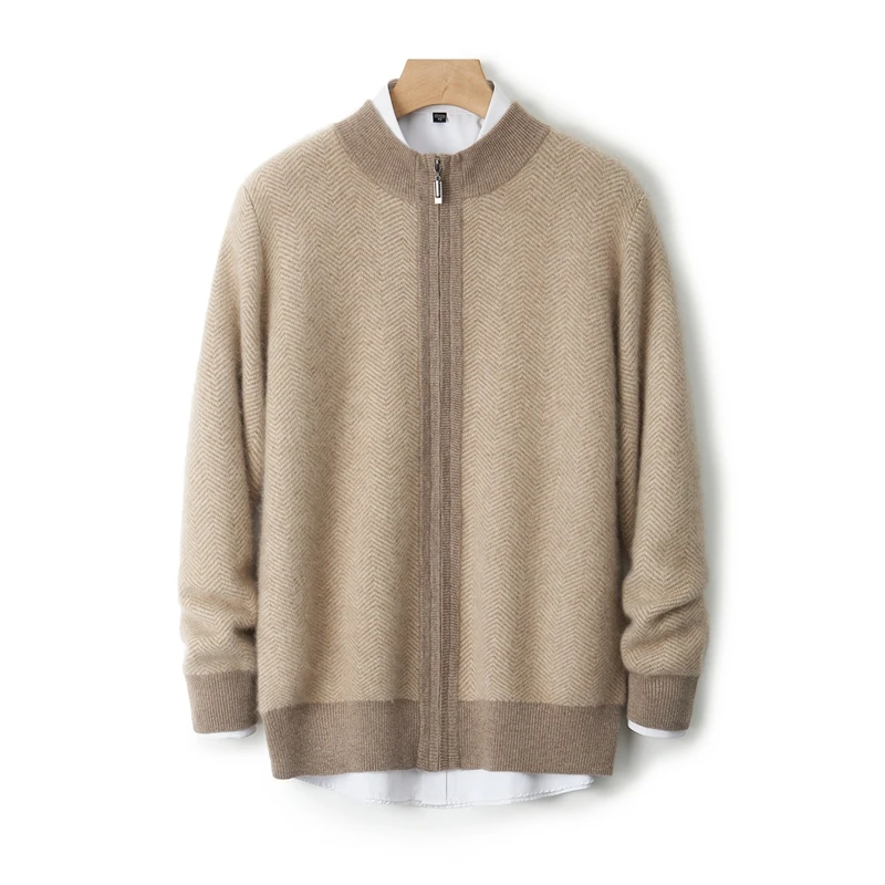 BELIARST Men's Autumn Winter Half High Collar Zipper Cardigan 100% Merino Wool Knitted Casual Herringbone Pattern Sweater Warm