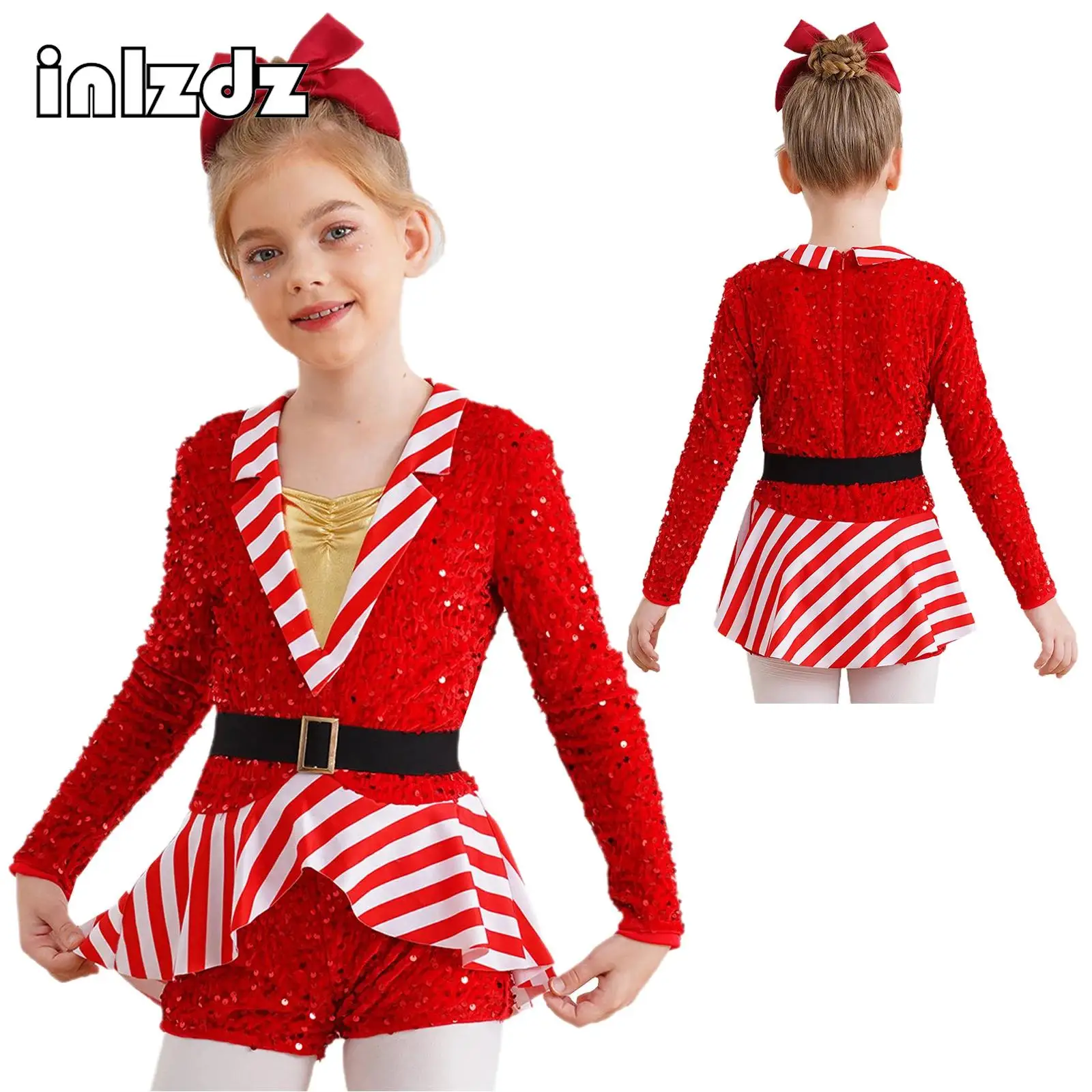 

Kids Girls Candy Cane Striped Sequins Ballet Dance Shorty Unitard Dress Christmas Costume Moden Jazz Latin Performance Dancewear